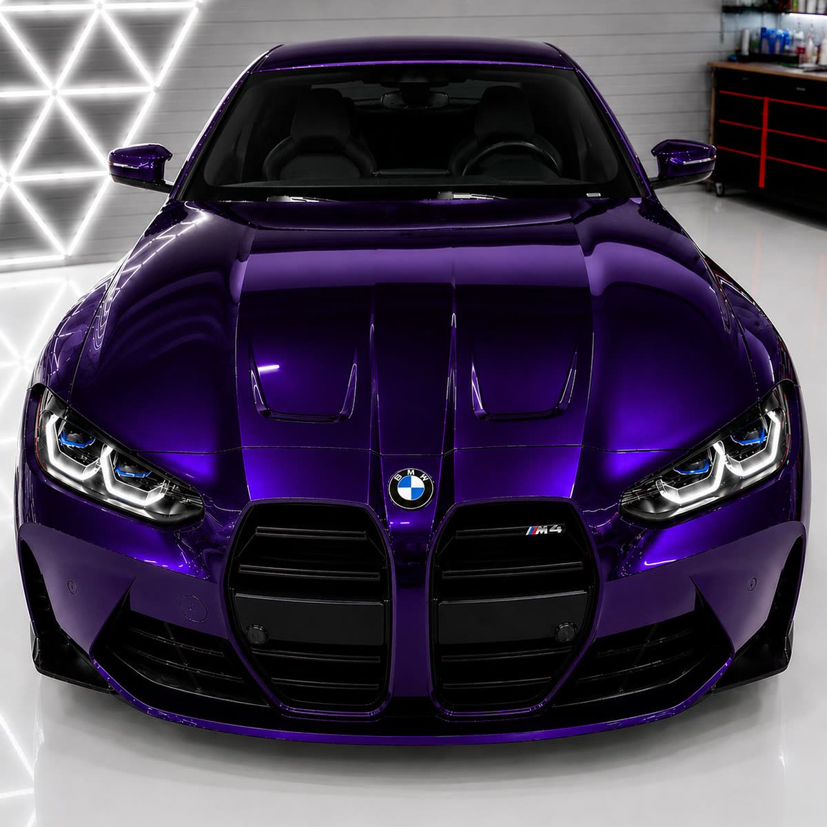 BMW M4 wrapped in purple chrome vinyl, front view in the install bay