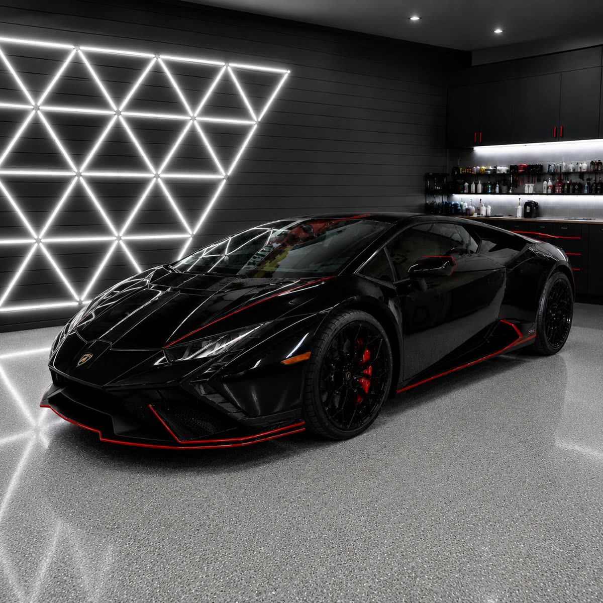 Black Lamborghini with red accent detailing