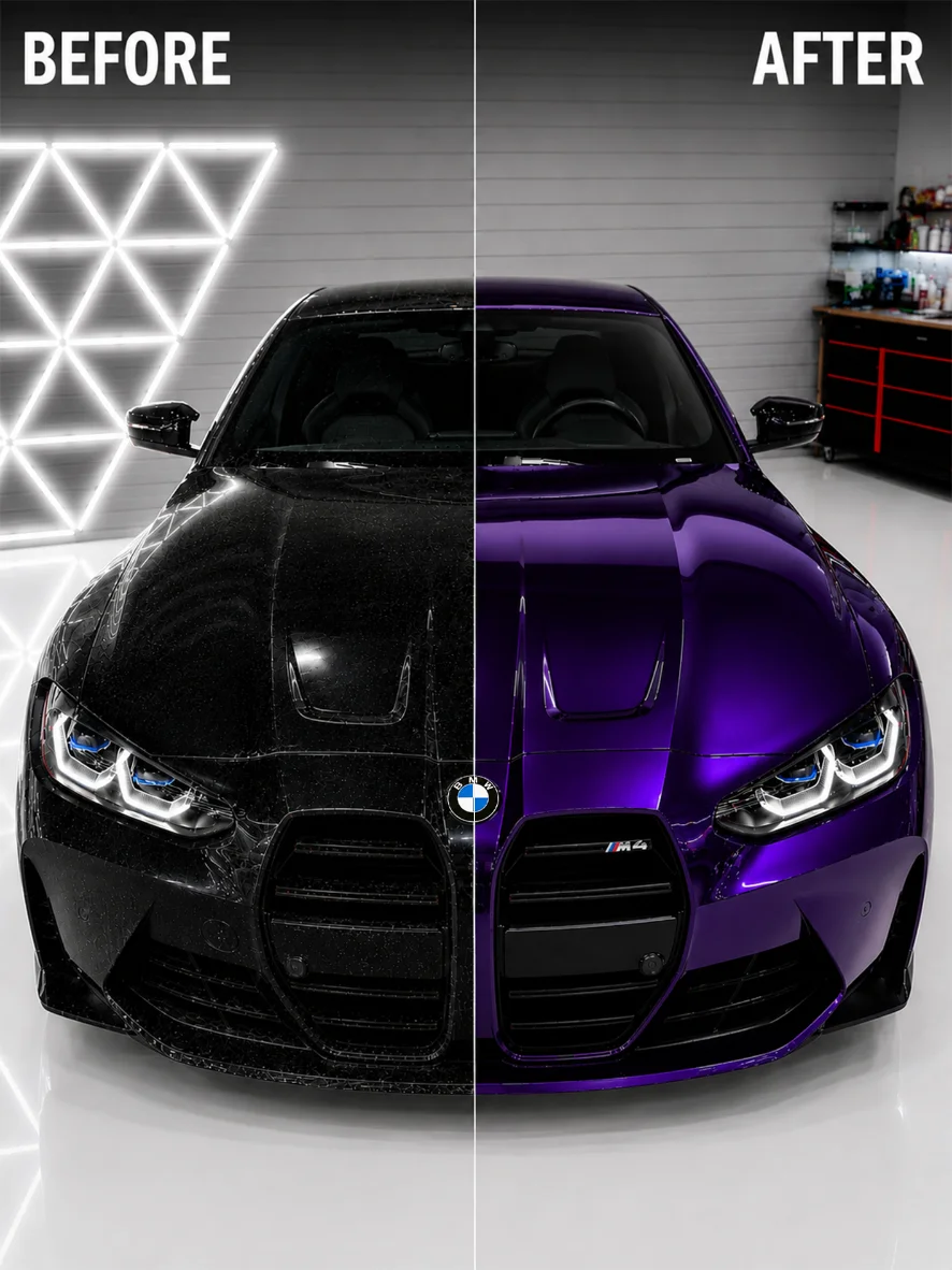Before and after of a BMW M4 wrapped in purple chrome vinyl