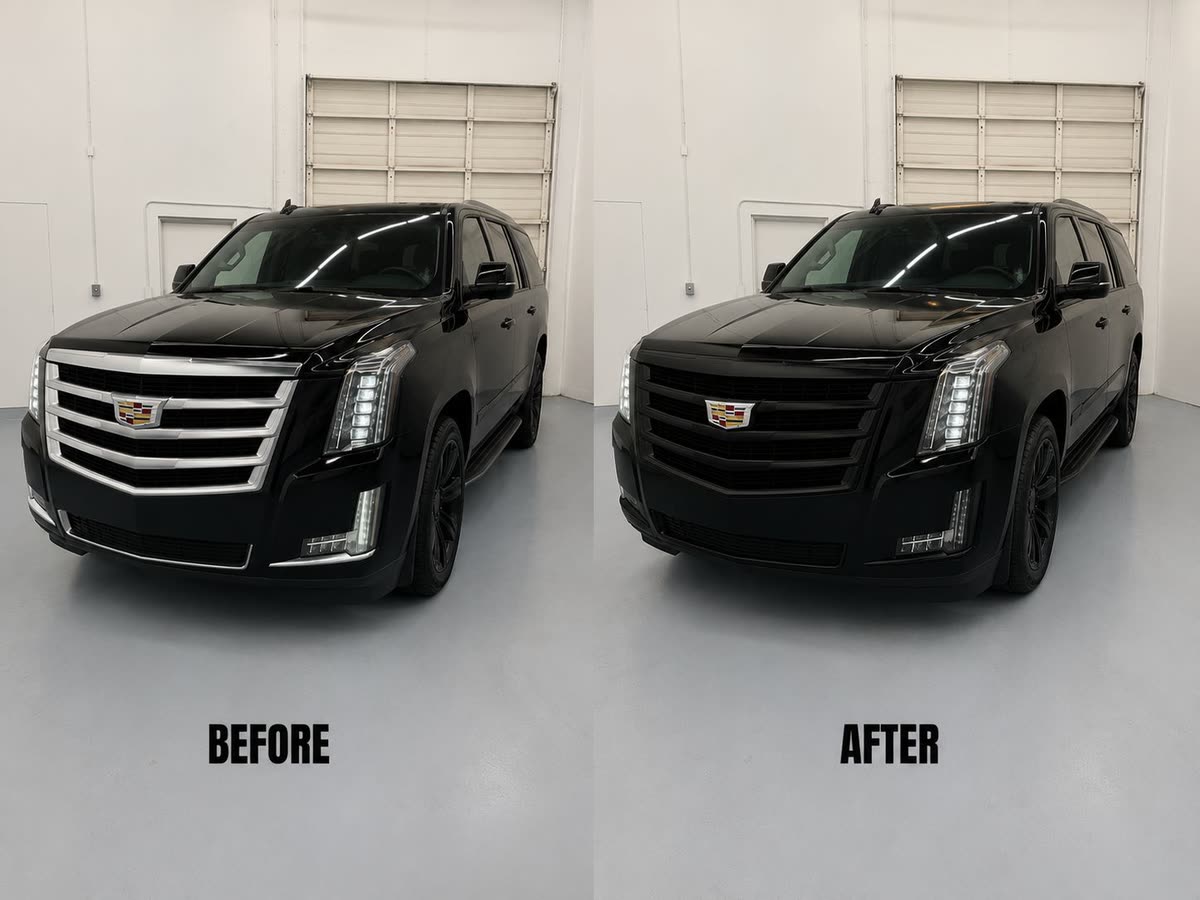 Cadillac Escalade before and after a chrome delete