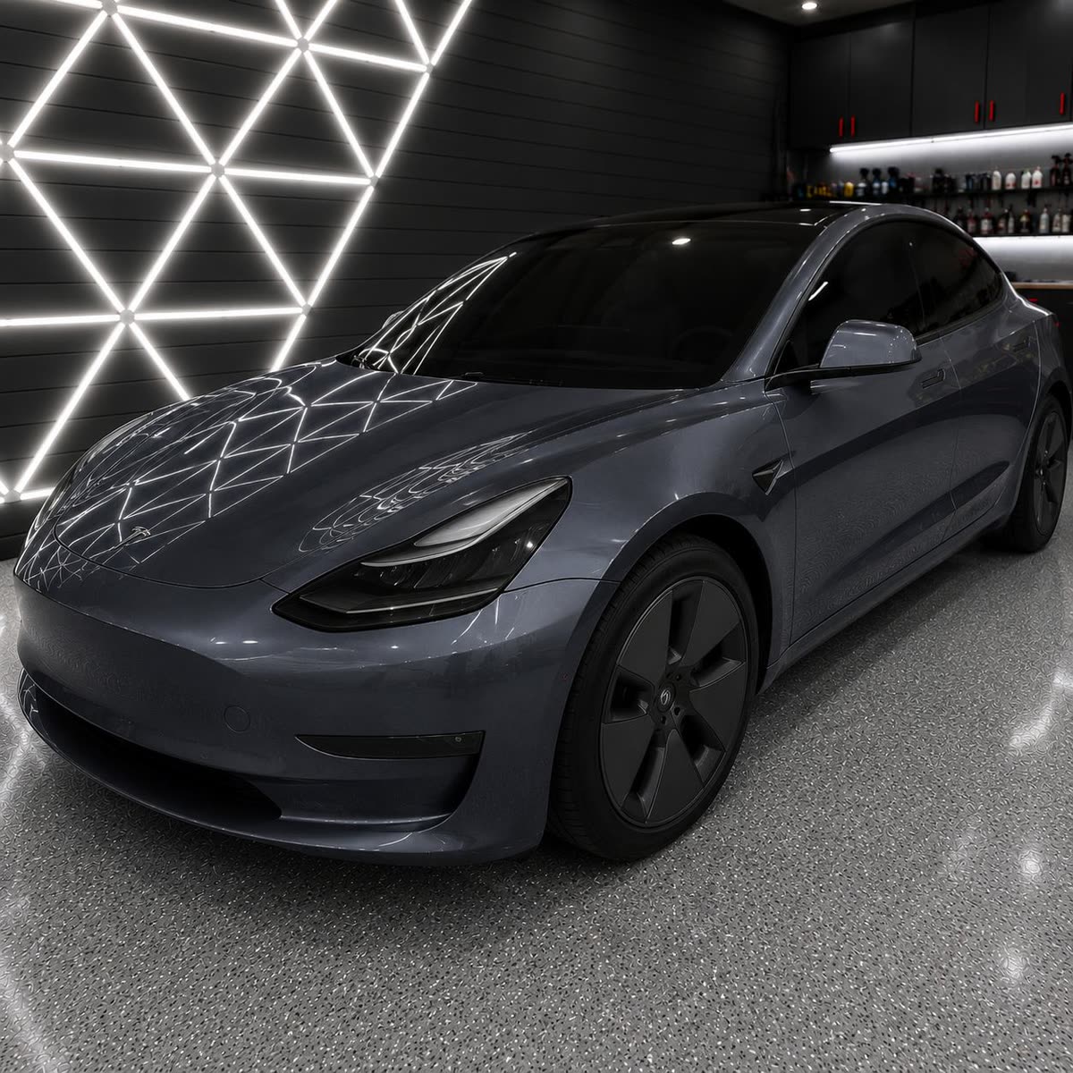 Tesla Model 3 with window tint photographed in the studio