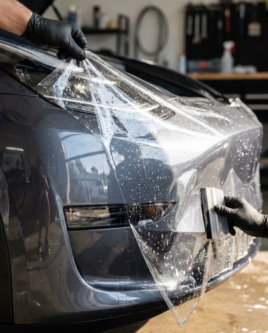 Installer squeegeeing protective film over a hood