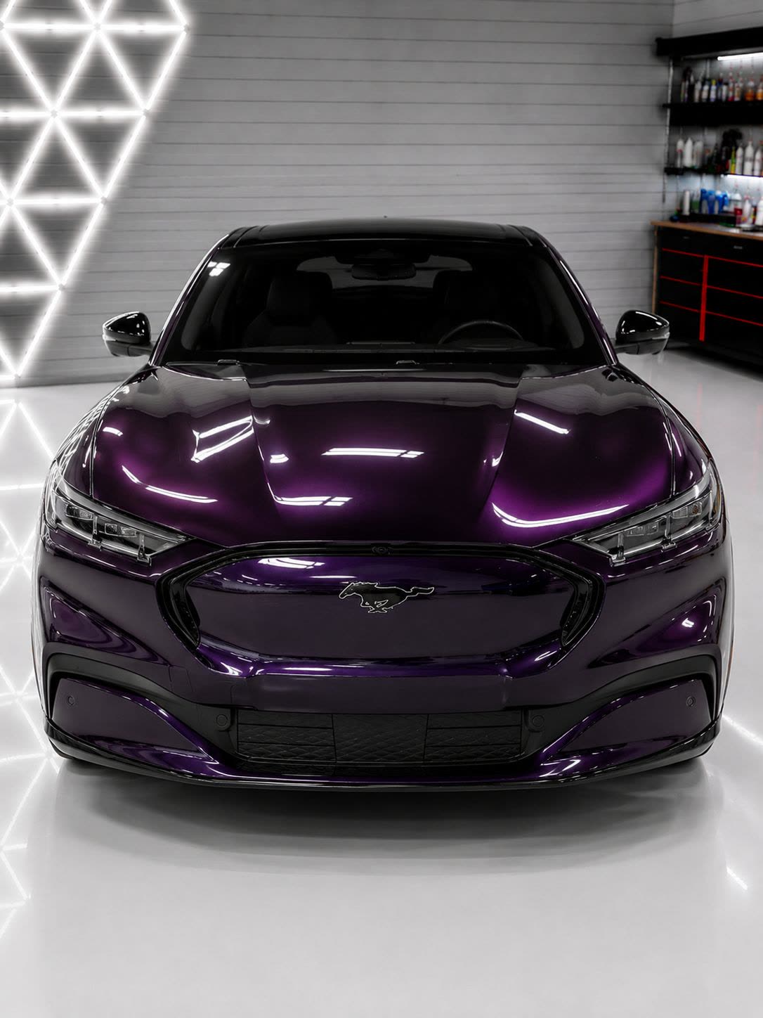 Ford Mustang Mach-E in a purple chrome color-change wrap